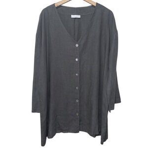 Bryn Walker Button Up Tunic Top Women Sz L Gray Linen Lagenlook Long Sleeve